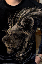 Velvet Swarovski Lion Side Face Gold Print Sweatshirt - Black - Under Attack
