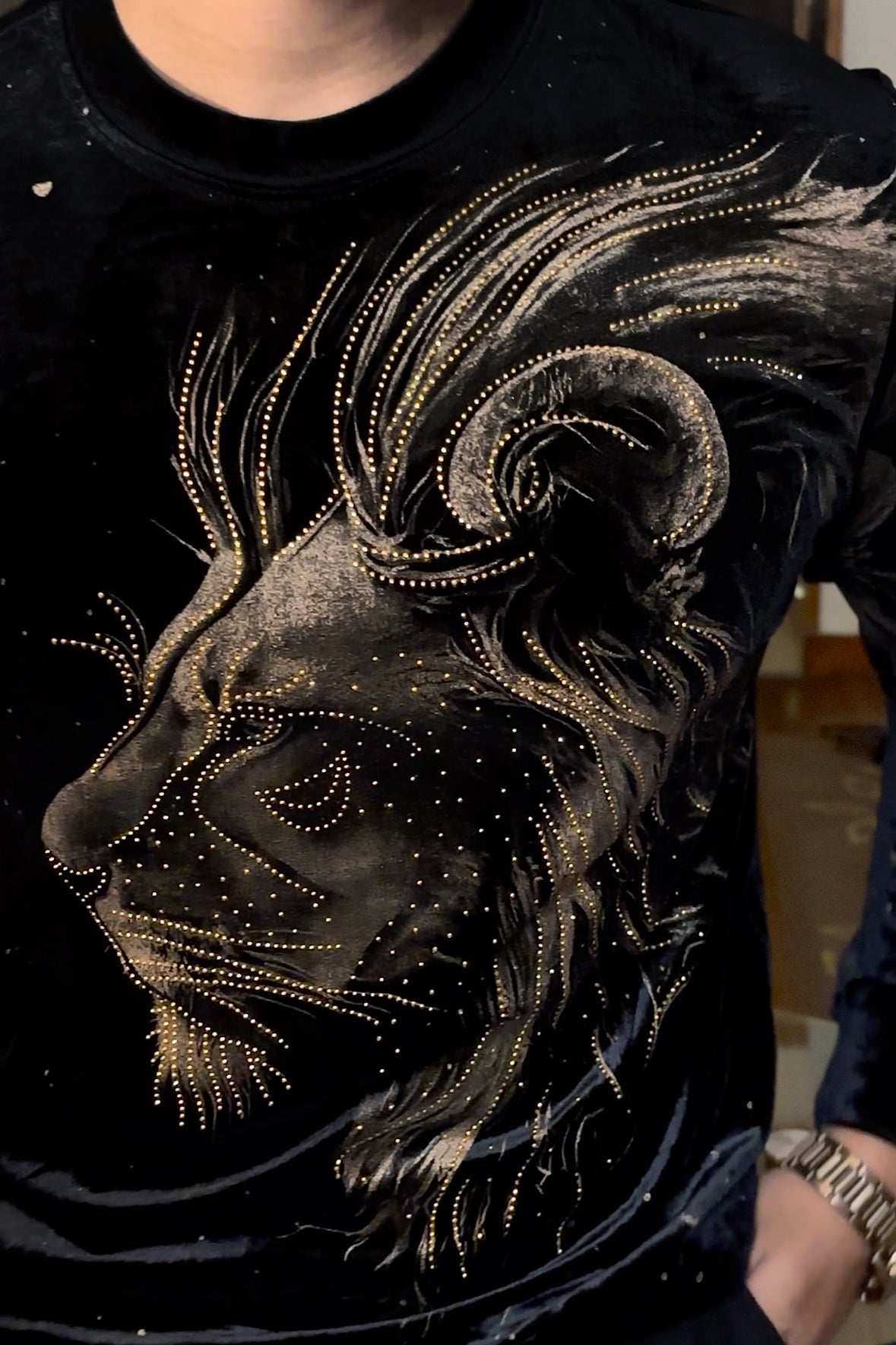 Velvet Swarovski Lion Side Face Gold Print Sweatshirt - Black - Under Attack
