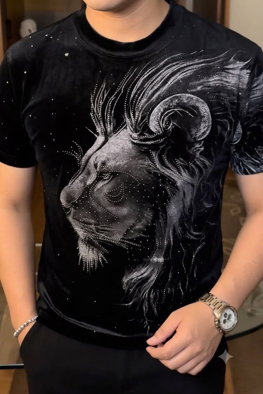 Velvet Swarovski Lion Side Face Silver Half Sleeves Print Sweatshirt - black - Under Attack