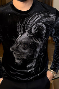 Velvet Swarovski Lion Side Face Silver Print Sweatshirt - black