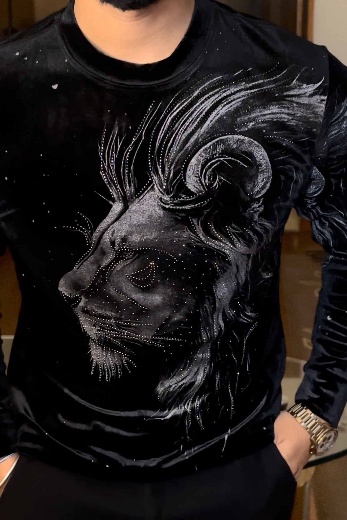 Velvet Swarovski Lion Side Face Silver Print Sweatshirt - black - Under Attack