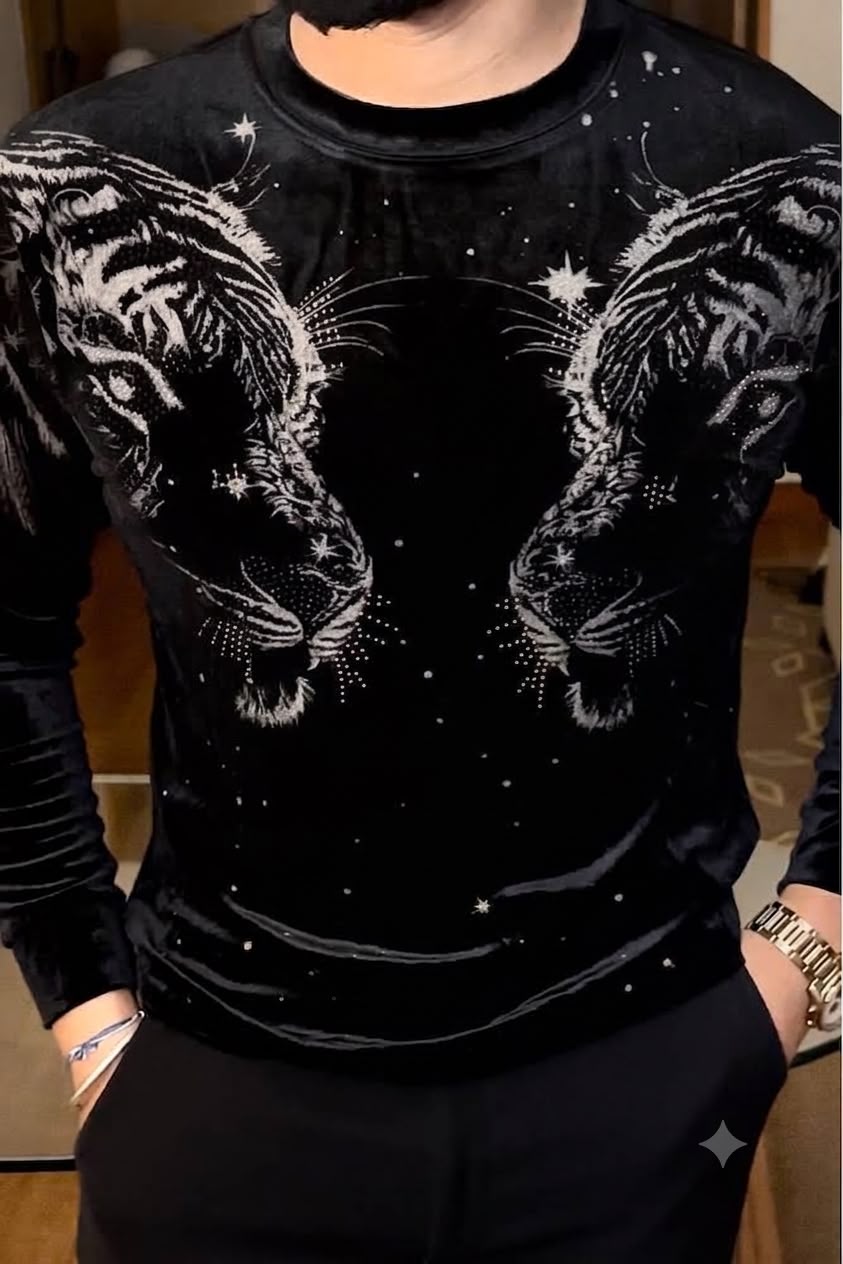 Velvet Swarovski Silver Tiger Double Face Print Sweatshirt - Black - Under Attack