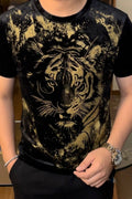 Velvet Swarovski Tiger Full Face Gold Half Sleeves Tshirt - Black - Under Attack