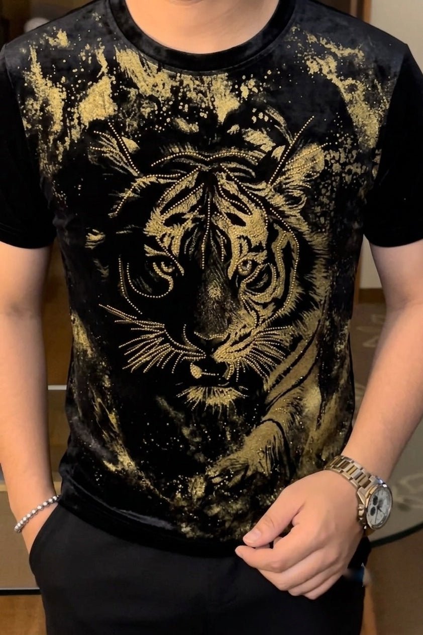 Velvet Swarovski Tiger Full Face Gold Half Sleeves Tshirt - Black - Under Attack