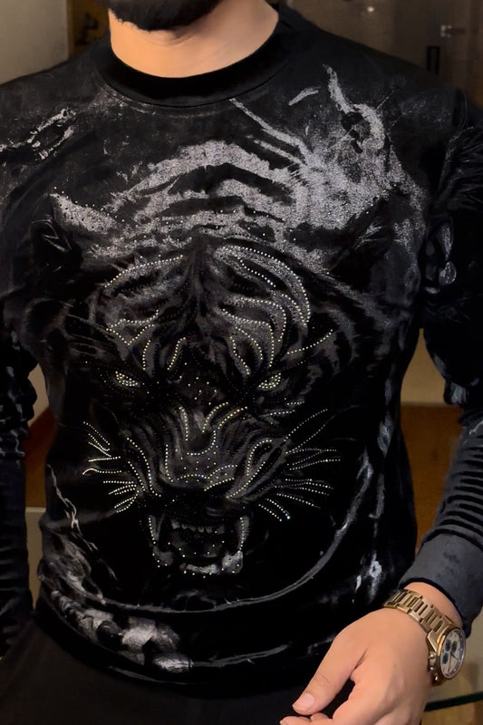 Velvet Swarovski Tiger Full Face Print Sweatshirt - Black - Under Attack