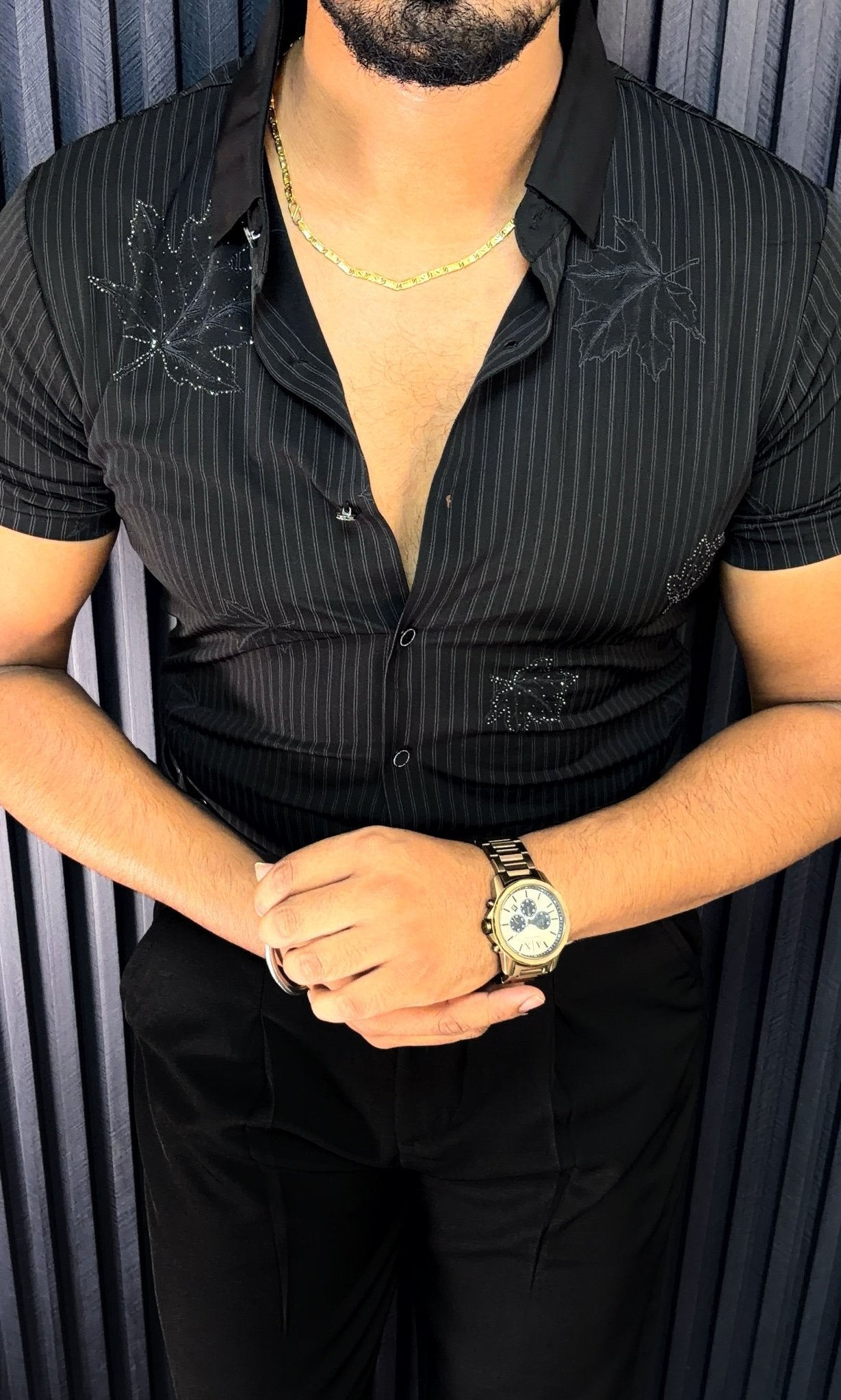 Venice Jacquard Half Sleeves Shirt - BLACK - Under Attack