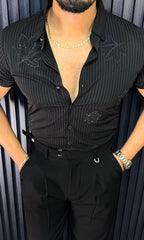 Venice Jacquard Half Sleeves Shirt - BLACK - Under Attack