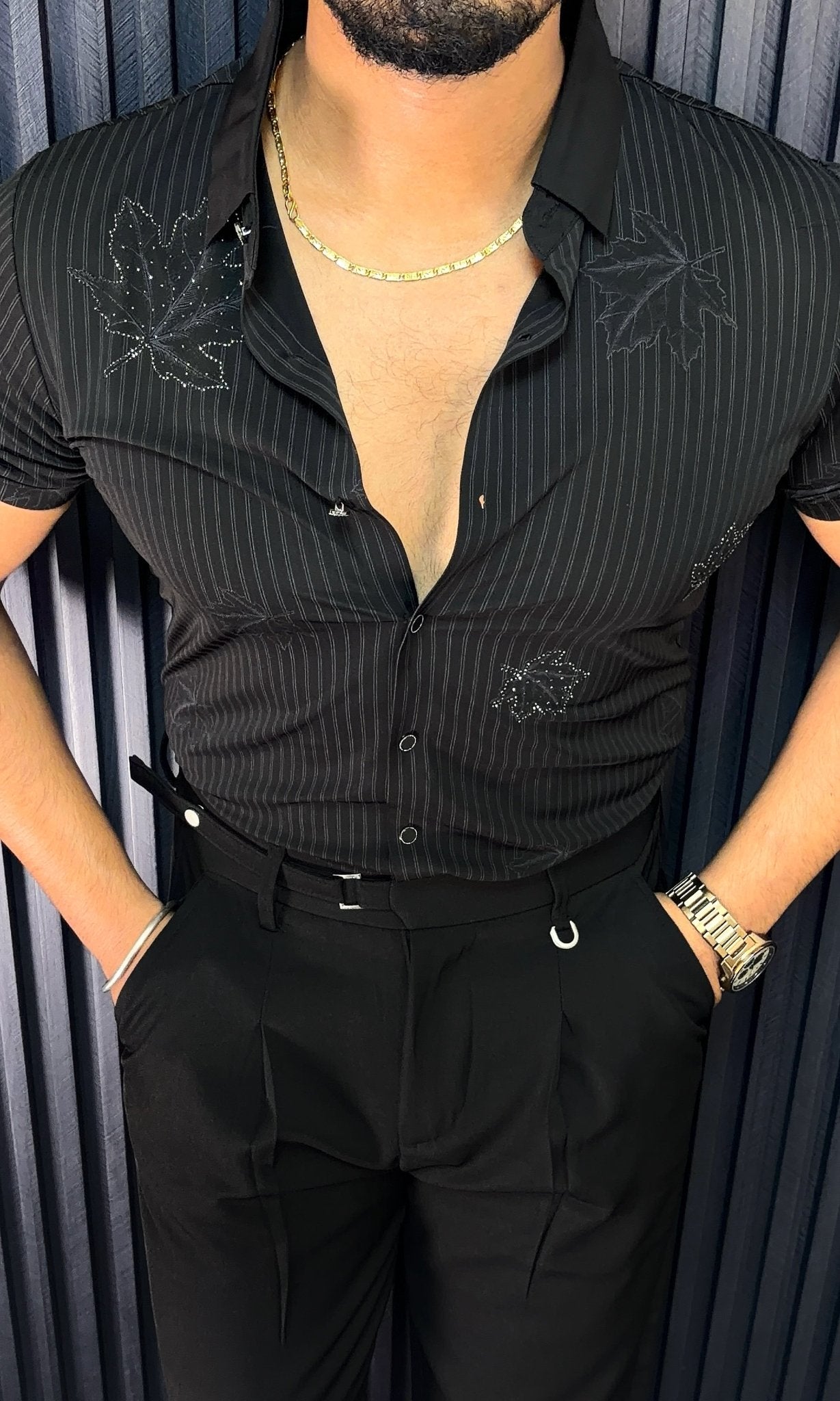 Venice Jacquard Half Sleeves Shirt - BLACK - Under Attack