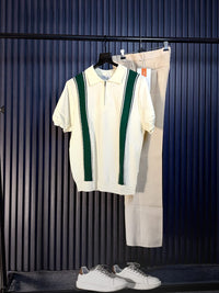 Verona Striped Old Money Knitted Polo green striped Tshirt - White
