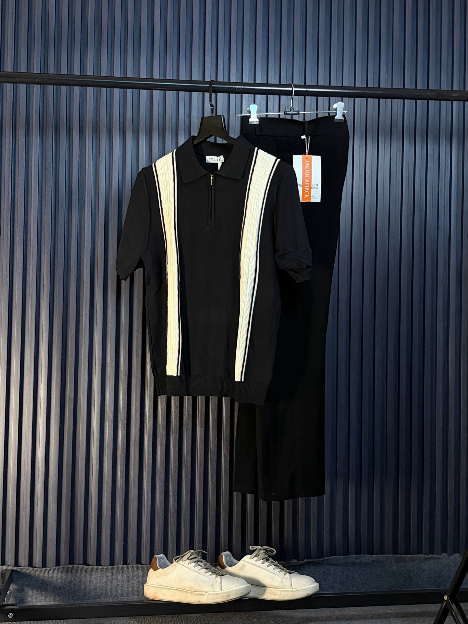 Verona Striped Old Money Knitted Polo Tshirt - Black - Under Attack