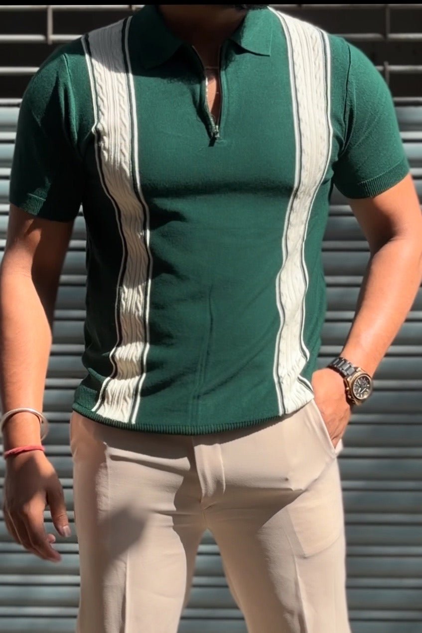 Verona Striped Old Money Knitted Polo Tshirt - Green - Under Attack