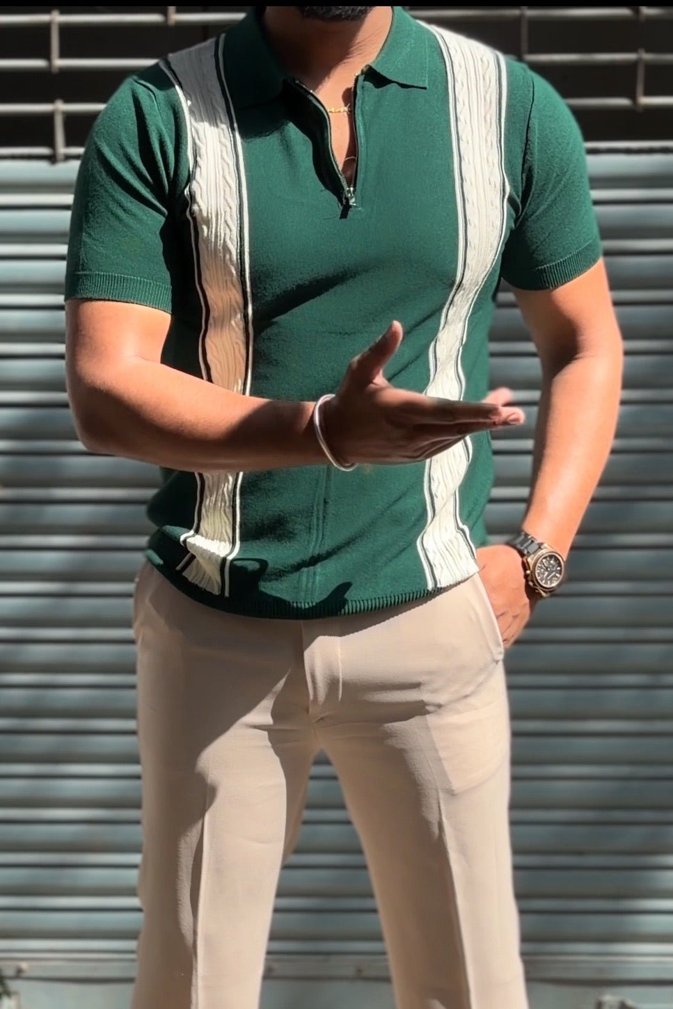Verona Striped Old Money Knitted Polo Tshirt - Green - Under Attack