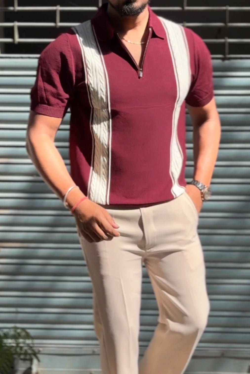 Verona Striped Old Money Knitted Polo Tshirt - Red - Under Attack
