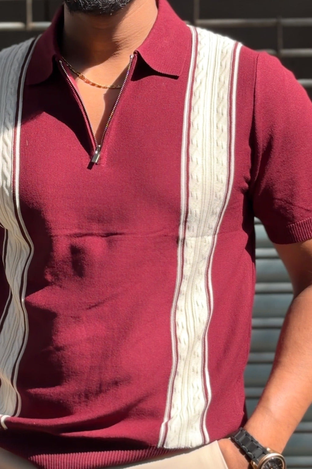 Verona Striped Old Money Knitted Polo Tshirt - Red - Under Attack
