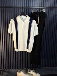 Verona Striped Old Money Knitted Polo black striped Tshirt - White
