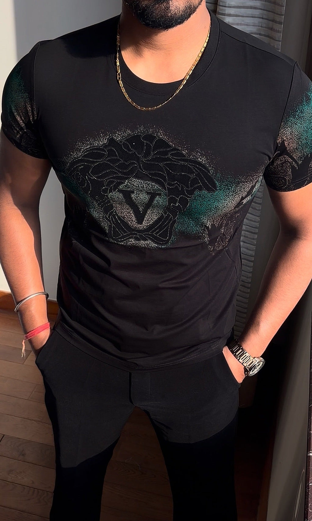 Versaz Couture Luxury Diamond Rhinestones Tshirt - Black - Under Attack