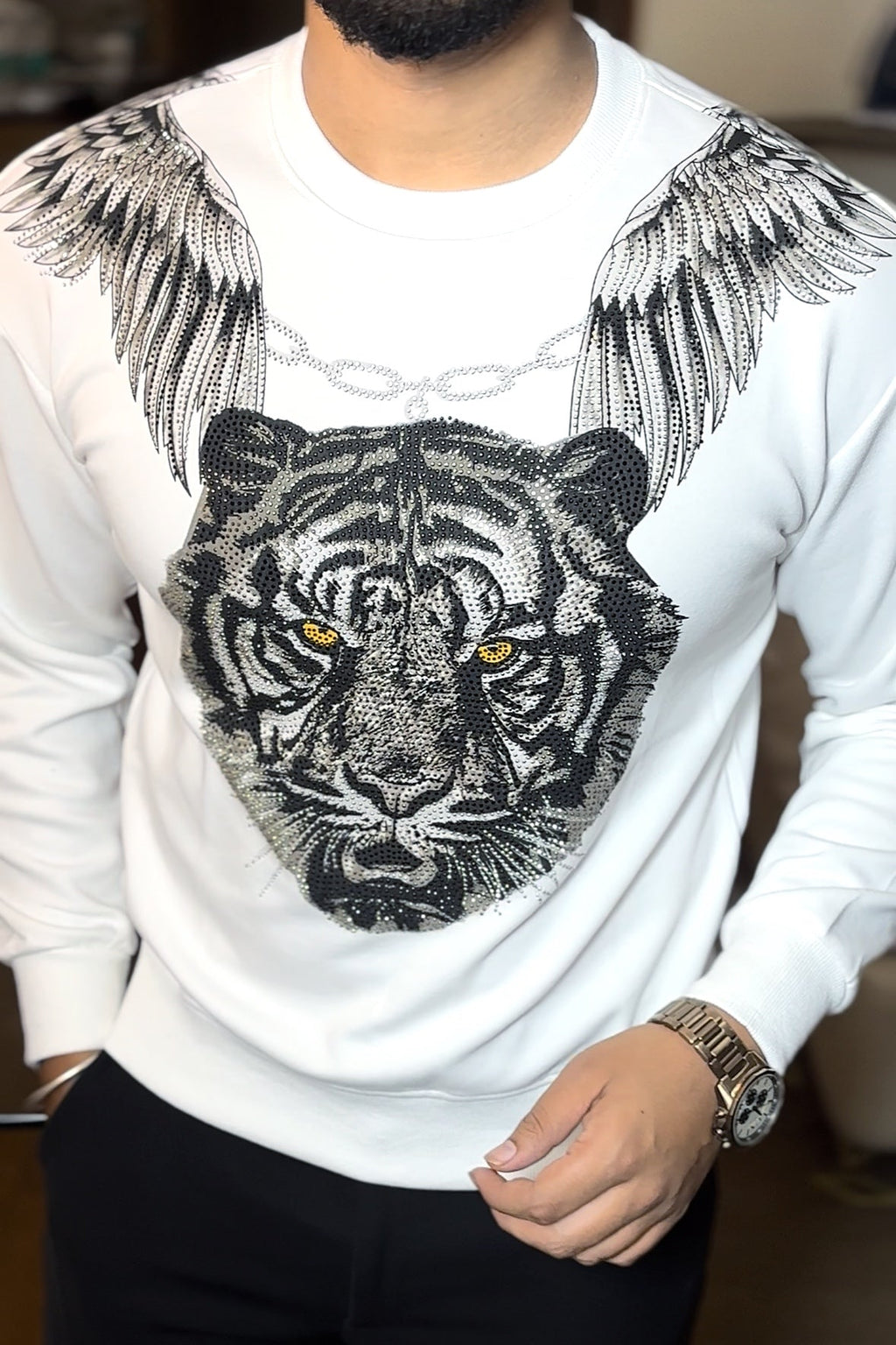 White Velvet Swarovski Tiger Wings Full Face Print Sweatshirt - White - Under Attack