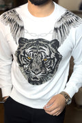 White Velvet Swarovski Tiger Wings Full Face Print Sweatshirt - White - Under Attack