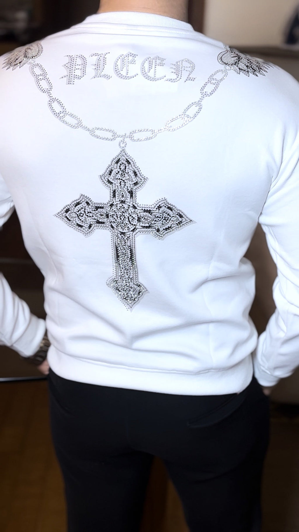 White Velvet Swarovski Tiger Wings Full Face Print Sweatshirt - White - Under Attack