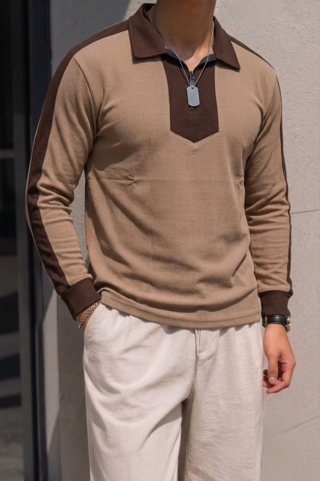 Zip Full Sleeves Striped Tshirt - Caramel Brown - Under Attack