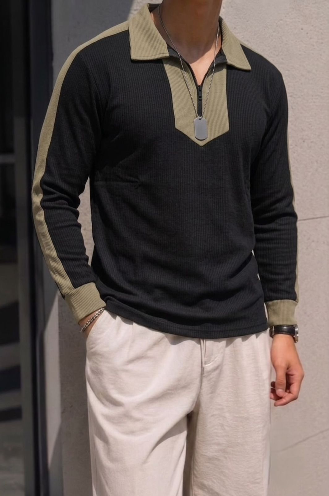 Zip Full Sleeves Striped Tshirt - Olive Black - Under Attack